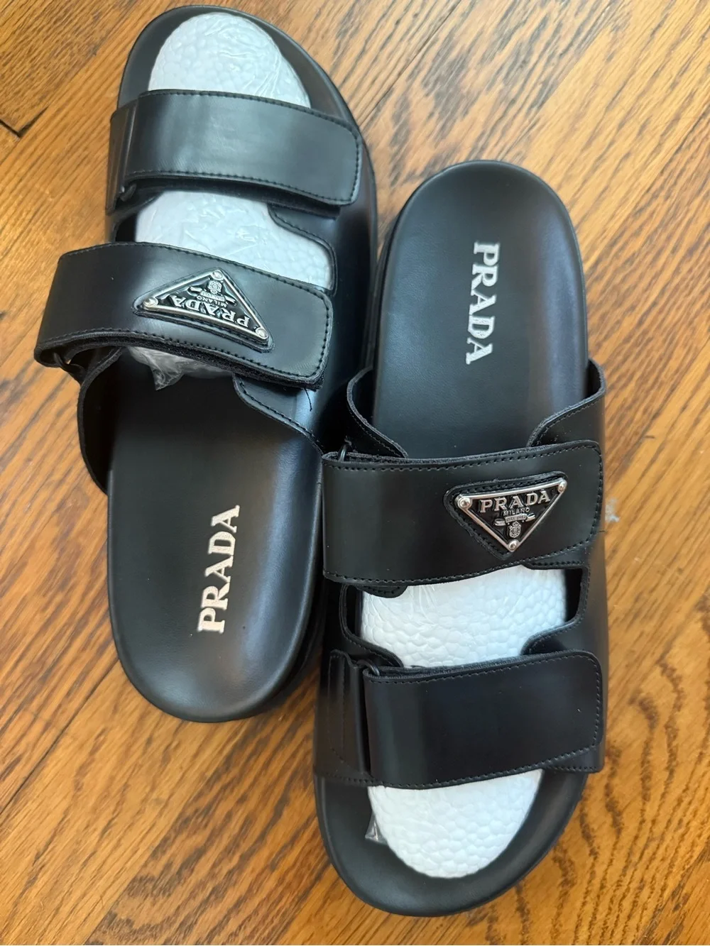 Prada Black Leather Dual-Strap Slide Sandals with Silver Logo - Picture 2 of 4